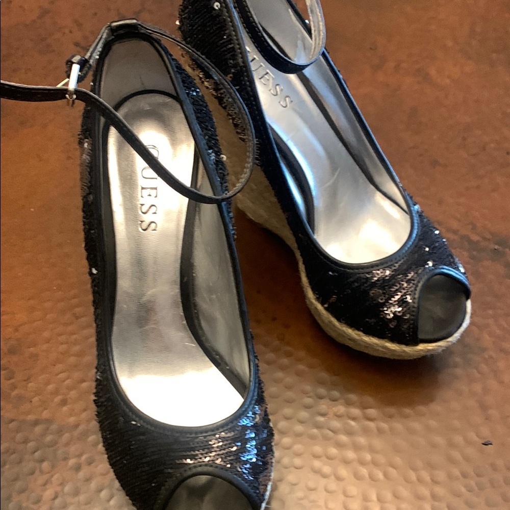 GUESS Black Peep Toe Wedge Shoes